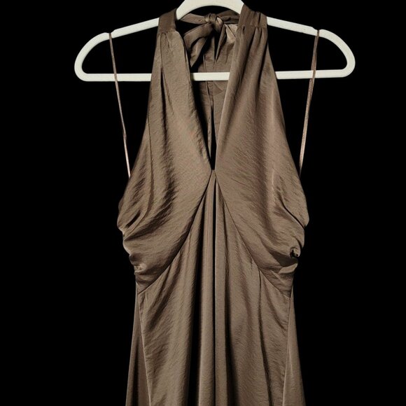 NWT House of Harlow 1960 Brown Elegant Evening Satin Maxi Halter Dress Medium - Picture 2 of 9